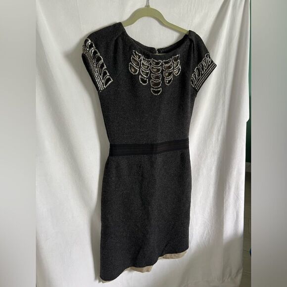 Tory Burch charcoal gray sequined wool dress with nude sheer slip lining size S - Picture 2 of 10